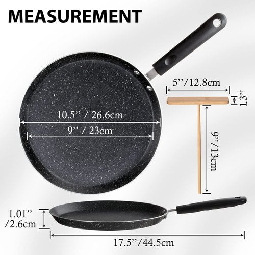 BUECMUE 10.5 Inch Nonstick Crepe Pan with Spreader Induction Compatible, for Egg Omelet and Flat Pancake Frying Pan, PFOA & PTFEs Free (Black)