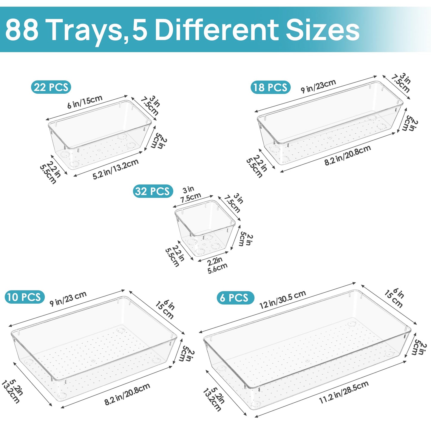 Vtopmart 88PCS Clear Plastic Drawer Organizers Set, 5-Size Versatile Bathroom Drawer Organizer Trays, Storage Bins for Makeup, Vanity, Kitchen Gadgets Utensils and Office
