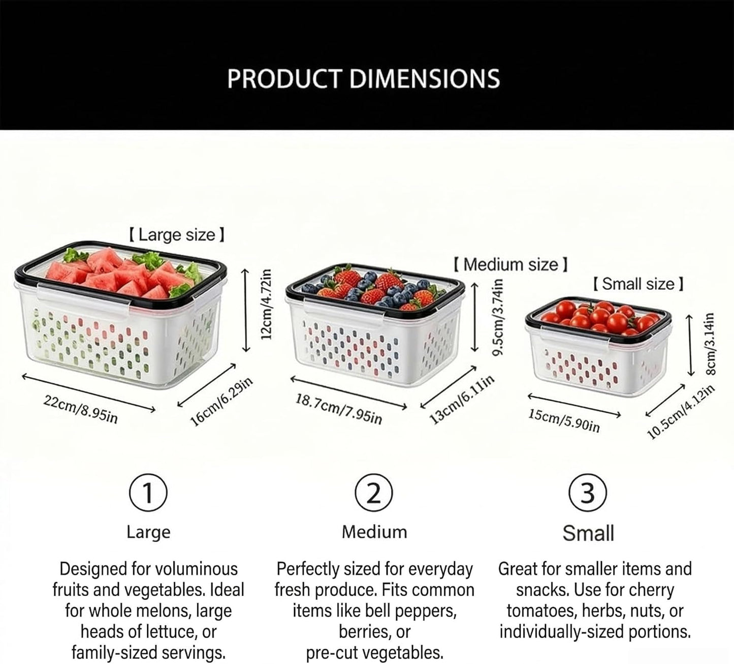 Skiennix Fruit Storage Containers - Transparent Plastic Box with Removable Colander | Keeps Berries Fresh (Large)