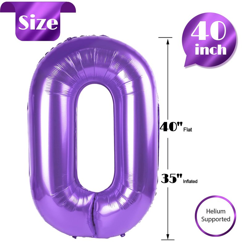 Purple Number 0 Balloon 40 Inch, 0 Balloon Number for 10th 20th 30th 40th 50th 60th Birthday Decorations, Purple Party Supplies