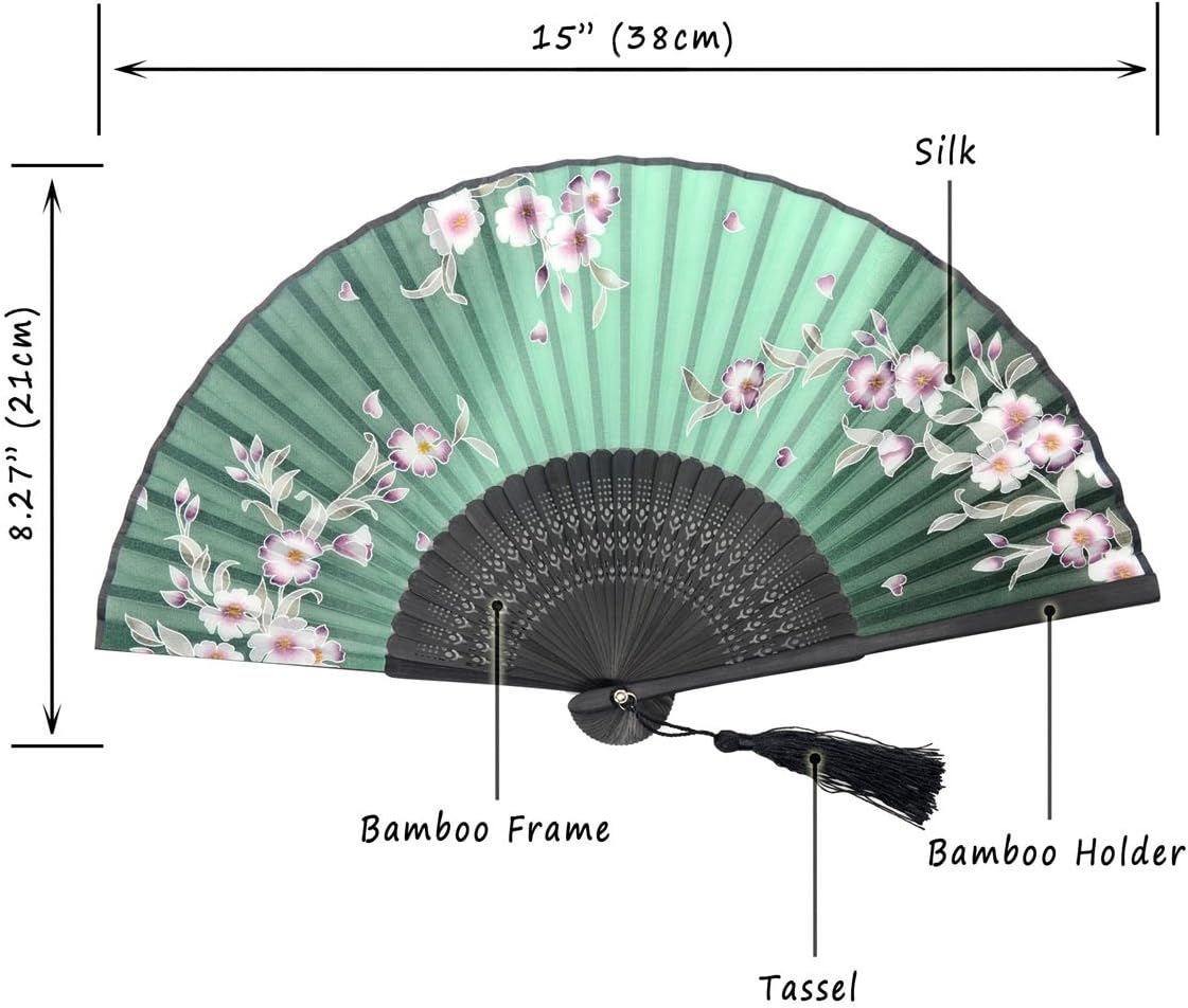 Handmade Silk Folding Fan with Bamboo Frame - Vintage Chinese/Japanese Style for Women & Girls - Gift-Ready with Protective Sleeve (WZS-33)