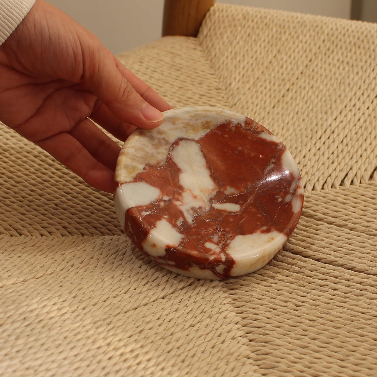Natural Calacatta Red Marble Soap Dish, Round Small Jewelry Dish, Sponge Holder for Bathroom, Kitchen