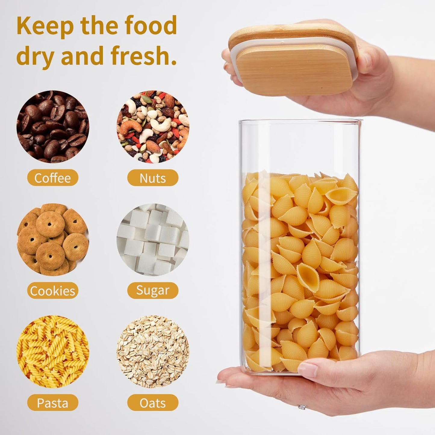 Skiennix Square Glass Food Storage Jars - BPA-Free Set of 5 for Organizing Pasta, Cookies, Nuts & More