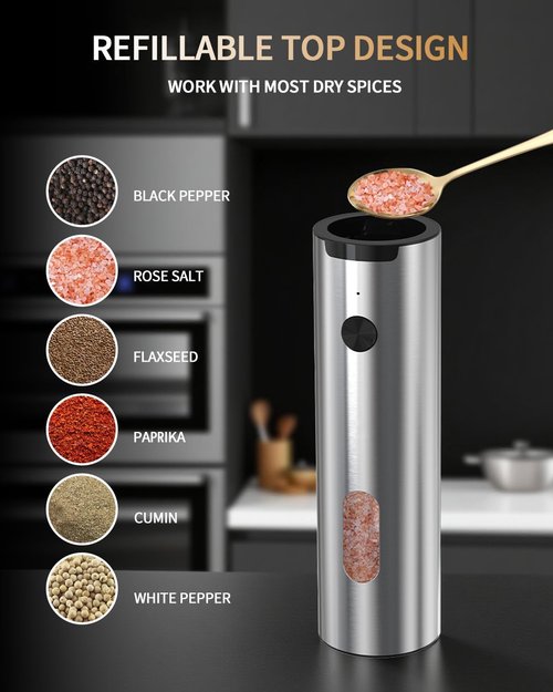 CIRCLE JOY Electric Salt and Pepper Grinder Set - Rechargeable Stainless Steel Mill with LED Light & Adjustable Coarseness | 110ML Top-Fill