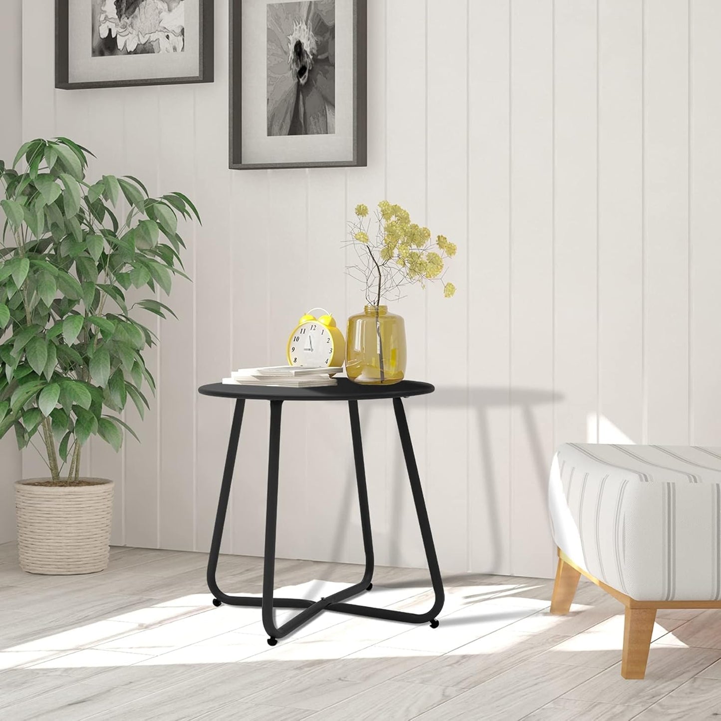 Meluvici Waterproof Round Metal Side Table - Portable Indoor/Outdoor End Table for Garden & Balcony | Black