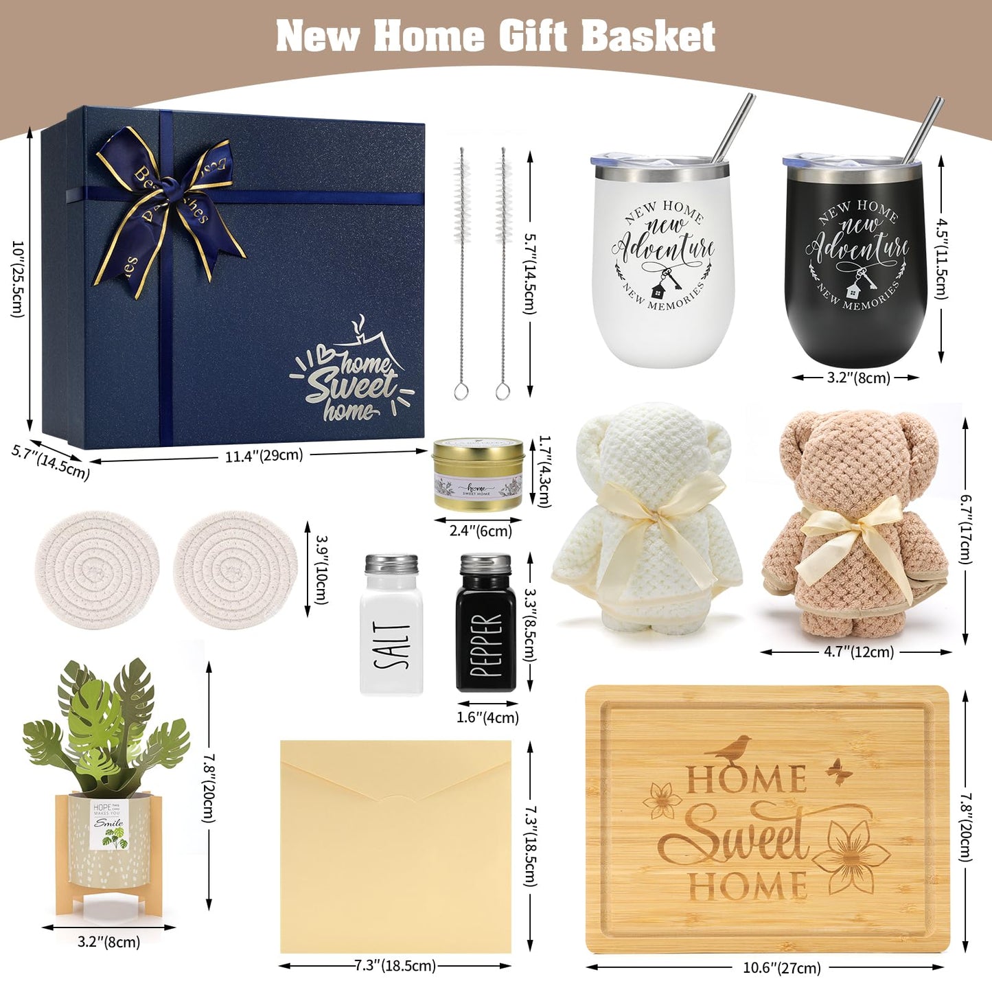 House Warming Gifts New Home, 12 Pcs Housewarming Gifts Basket for New House with Gift Box Packaging, 3D Botanical Greeting Card, Cutting Board for Couple, Closing Gifts for Home Buyers