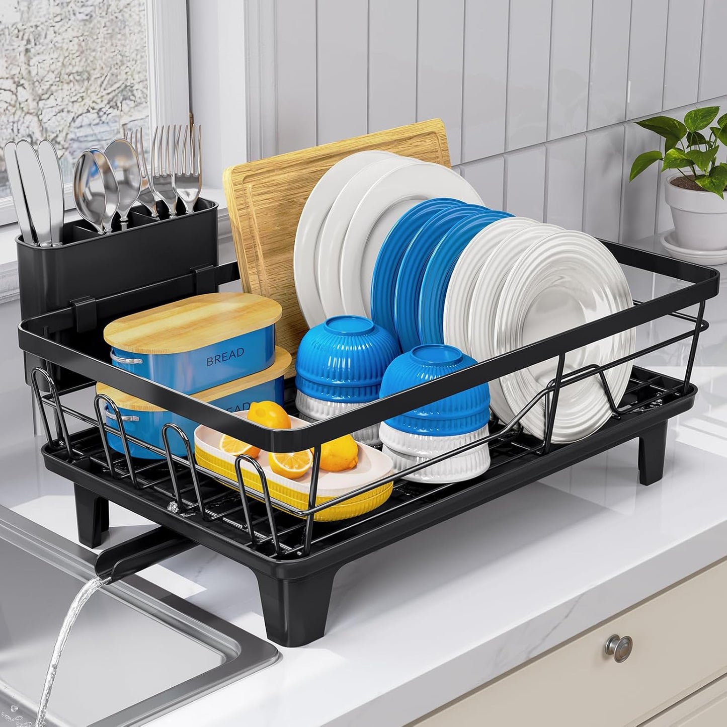 Urackify Dish Drying Rack - Large Kitchen Counter Rack with Drainboard & Cutlery Holder | Black