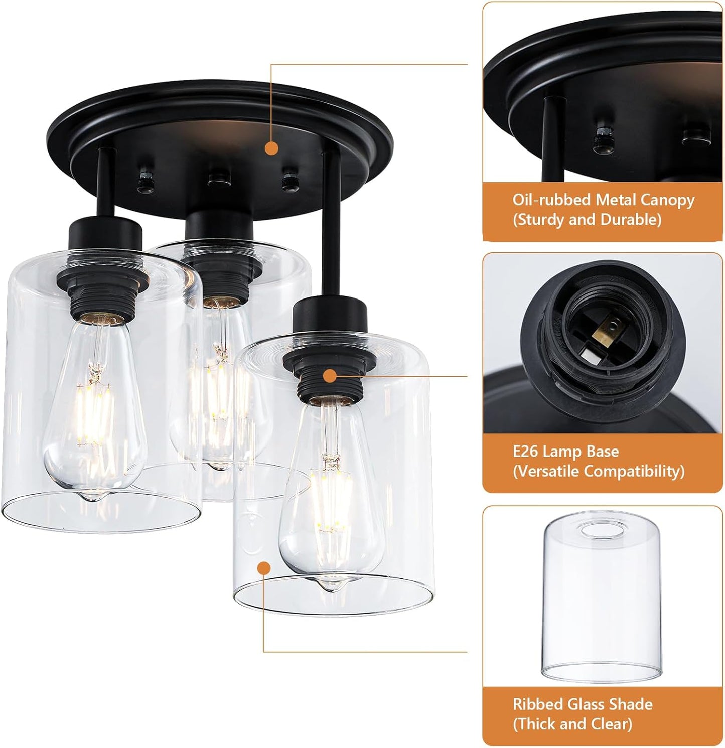 Semi Flush Mount Ceiling Light, 3-Light Ceiling Light Fixture Clear Glass Shades Black Kitchen Light Fixtures Close to Ceiling Light Fixtures for Dining Room Hallway Foyer Bedroom Entryway