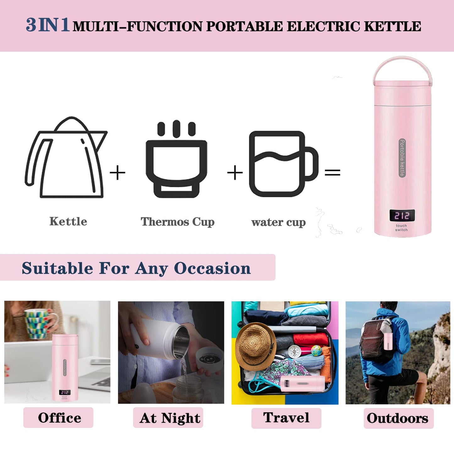 Travel Electric Kettle Small Portable Electric Kettle, 380ML Mini Tea Kettle with 4 Variable Presets, 304 Stainless Steel Travel Water Boiler for Coffee Tea, Auto Shut-Off & Boil Dry Protection (Pink)