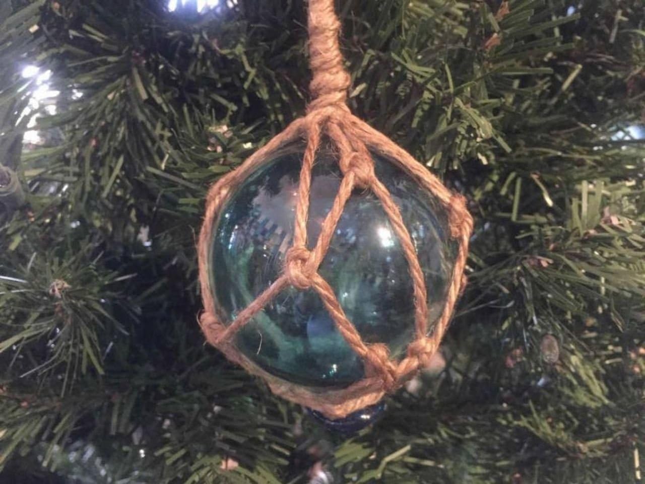 Light Blue Japanese Glass Fishing Float Ornament with Brown Netting - 3 Inch