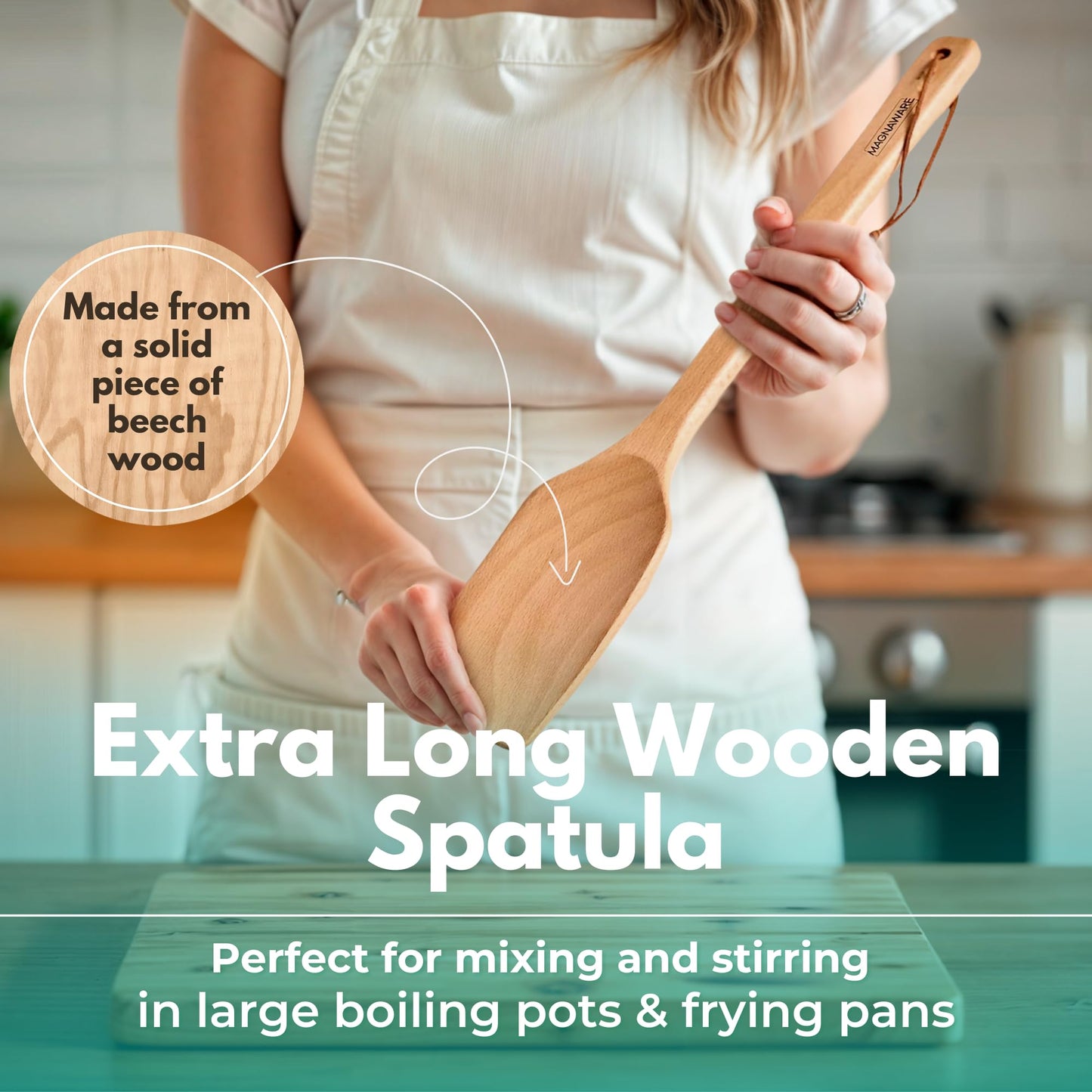 MAGNAWARE Extra Long Wooden Spatula - 18-inch Heavy Duty Stir Paddle for Cooking in Big Pots - Big Cooking Spoon For Cajun, Brewing, Grill, Mixing, Stirring - Solid Natural Hard Wood Large Spatula