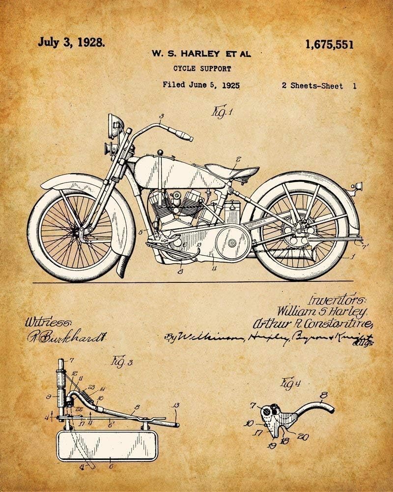 Harley Davidson Motorcycle Patent Wall Art Prints - Set of 4 Unframed 8x10 Posters for Home Decor & Gifts