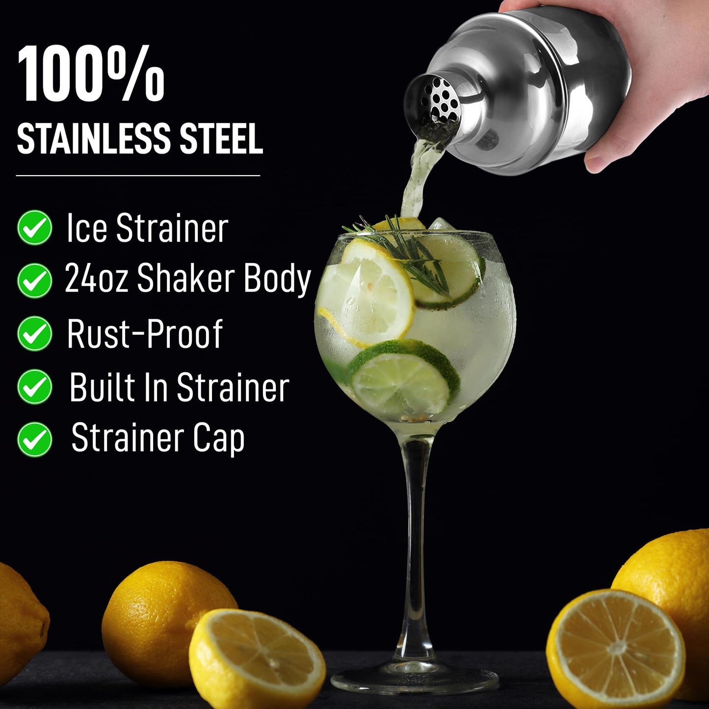 Zulay Cocktail Shaker (24oz) 18/8 Stainless Steel Martini Shaker with Built-in Strainer - Professional Grade Drink Shaker and Strainer for Bartending & Homebars (Silver)