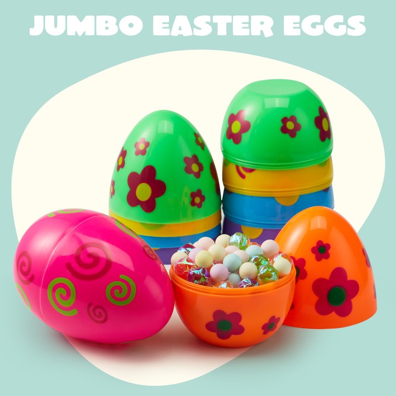 JOYIN 6 Pcs Large Printed Easter Eggs, 6 Inches Jumbo Plastic Eggs Fillable for Easter Themed Hunt Basket Stuffers Fillers Filling Treats Party Favor Classroom Prize Supplies