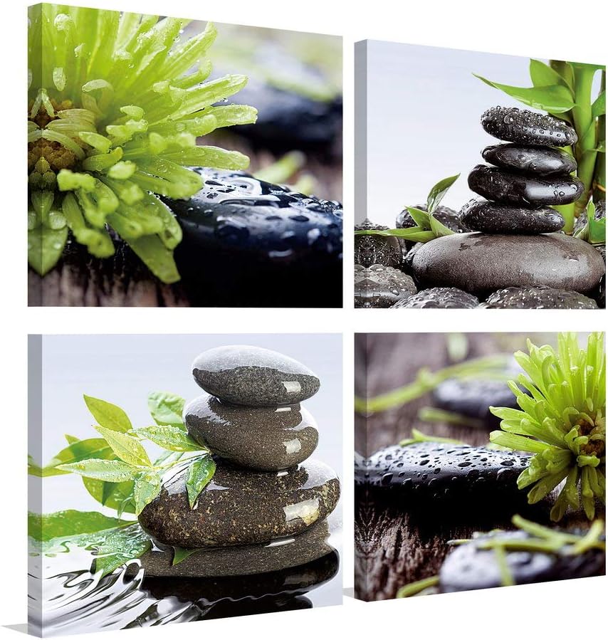 Zen Bathroom Decor Meditation Canvas Wall Art, Water Stone and Green Plants Pictures for Yoga Spa and Office Calming, Relaxing Wall Art for Office Bedroom Living Room (16x16in, 4 Panels)