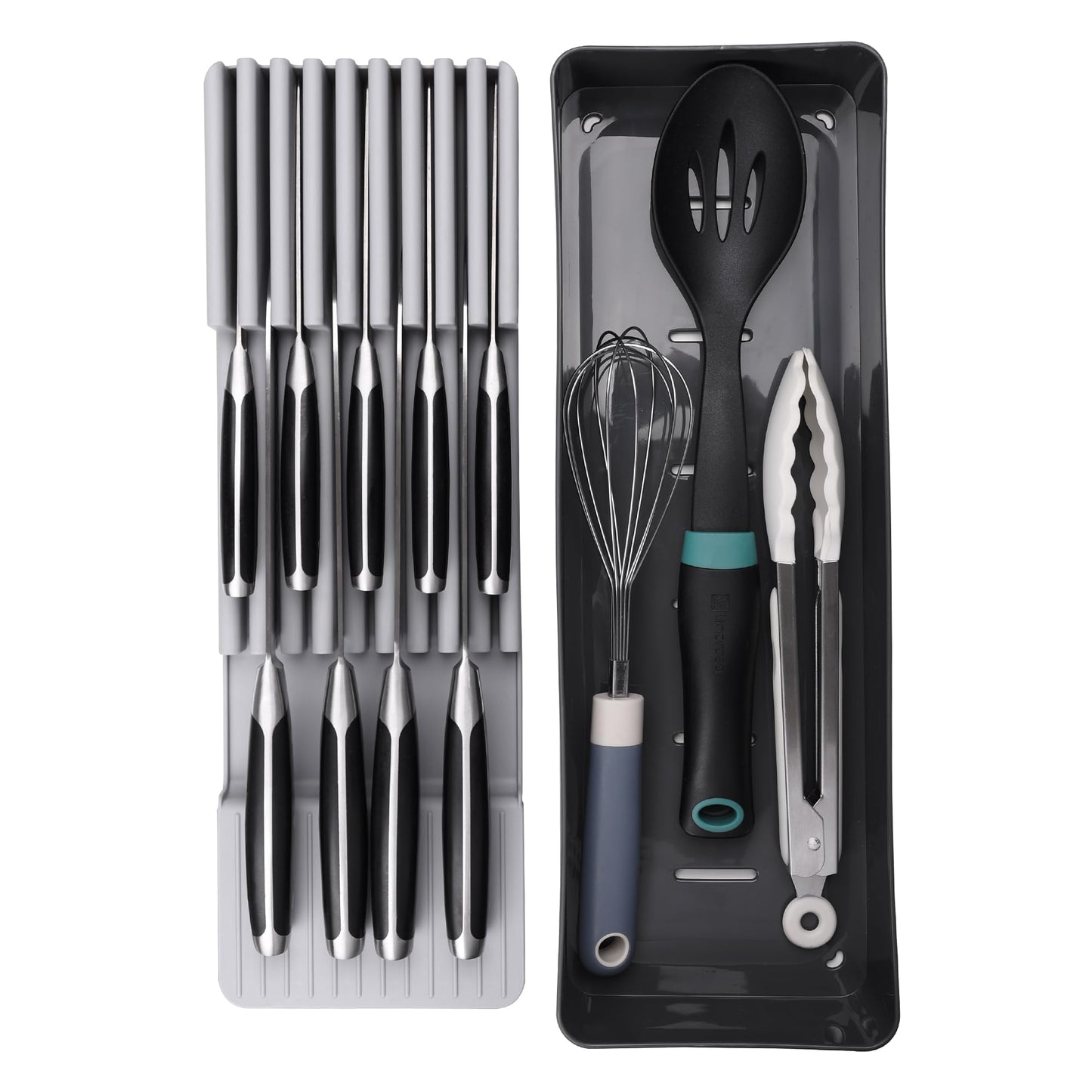 Linoroso Knife Drawer Organizer With In-Drawer Knife Block for 9 Knives, Kitchen Utensil Organizer, BPA Free Secure Storage Tray for Countertop Organization