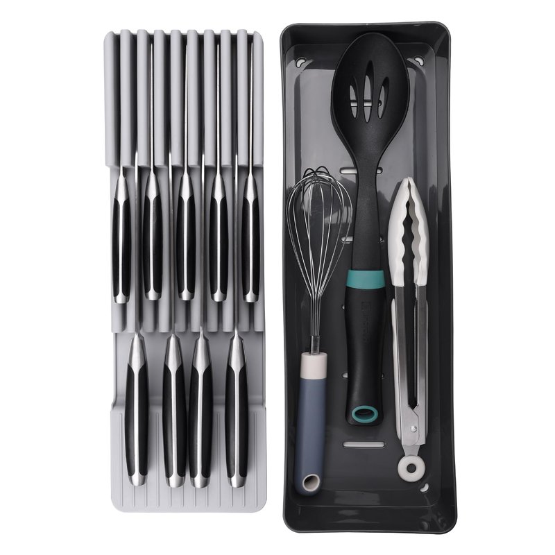Linoroso Knife Drawer Organizer With In-Drawer Knife Block for 9 Knives, Kitchen Utensil Organizer, BPA Free Secure Storage Tray for Countertop Organization