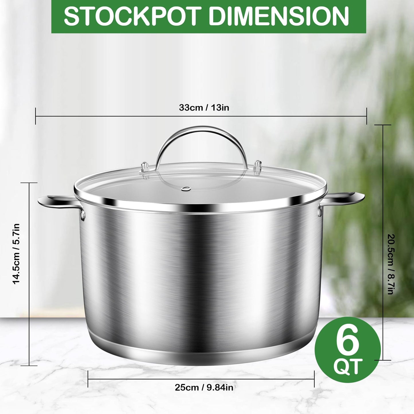 STOCKPOT Cooking Pot, Stainless Steel Stock Pot with Glass Lid, 6 Quart Soup Pot, Induction Compatible, Dishwasher Safe
