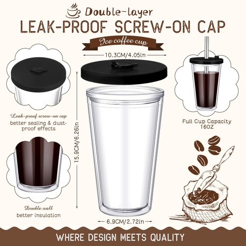 Honeydak 4 Pack 16 oz Reusable Iced Coffee Cups with Lids and Straws Leakproof Double Wall Insulated Clear Plastic Iced Coffee Tumblers with Straw Brushes