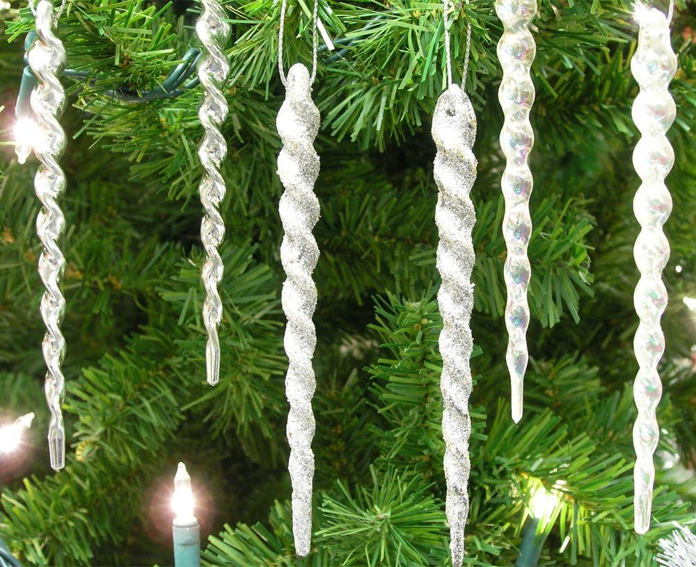 48-Piece Shatterproof Icicle Ornaments Set for Christmas Trees - 24 Glitter Silver & 24 Clear Iridescent - 5” Long