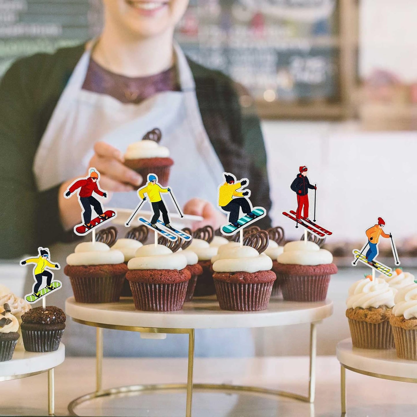 Skiennix Ski Theme Cupcake Toppers - Rainbow Glitter Decorations for Birthday Parties | 18 PCS
