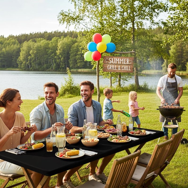 Smiry Rectangle Table Cloth, Waterproof Elastic Fitted Tablecloths for 6 Foot Tables, Washable Polyester Table Cover for Picnic, Camping, Outdoor (Black, 30"x72")