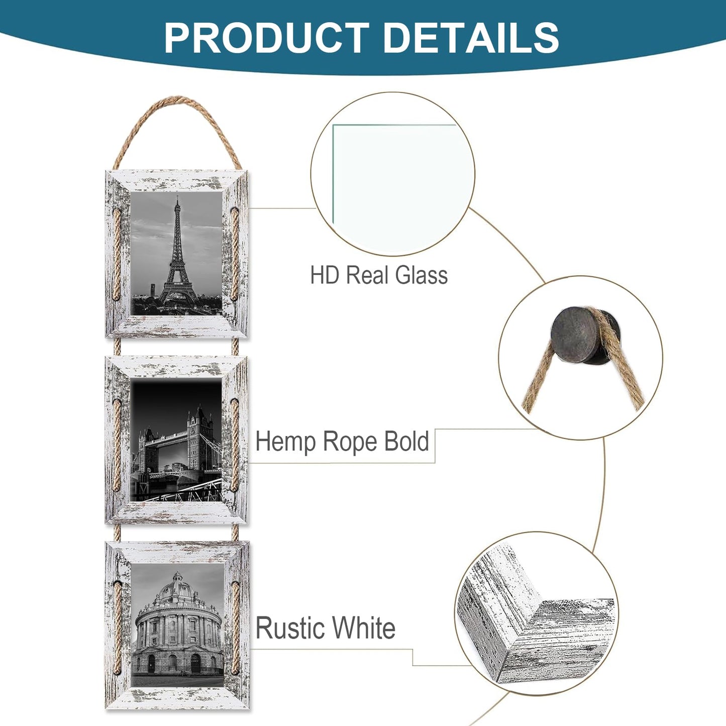 PWTAKO 4x6 Hanging Collage Picture Frames Wall Decor, 3-Opening 4x6 Rustic Wood Frame with Hemp Rope, 2 Pack,White