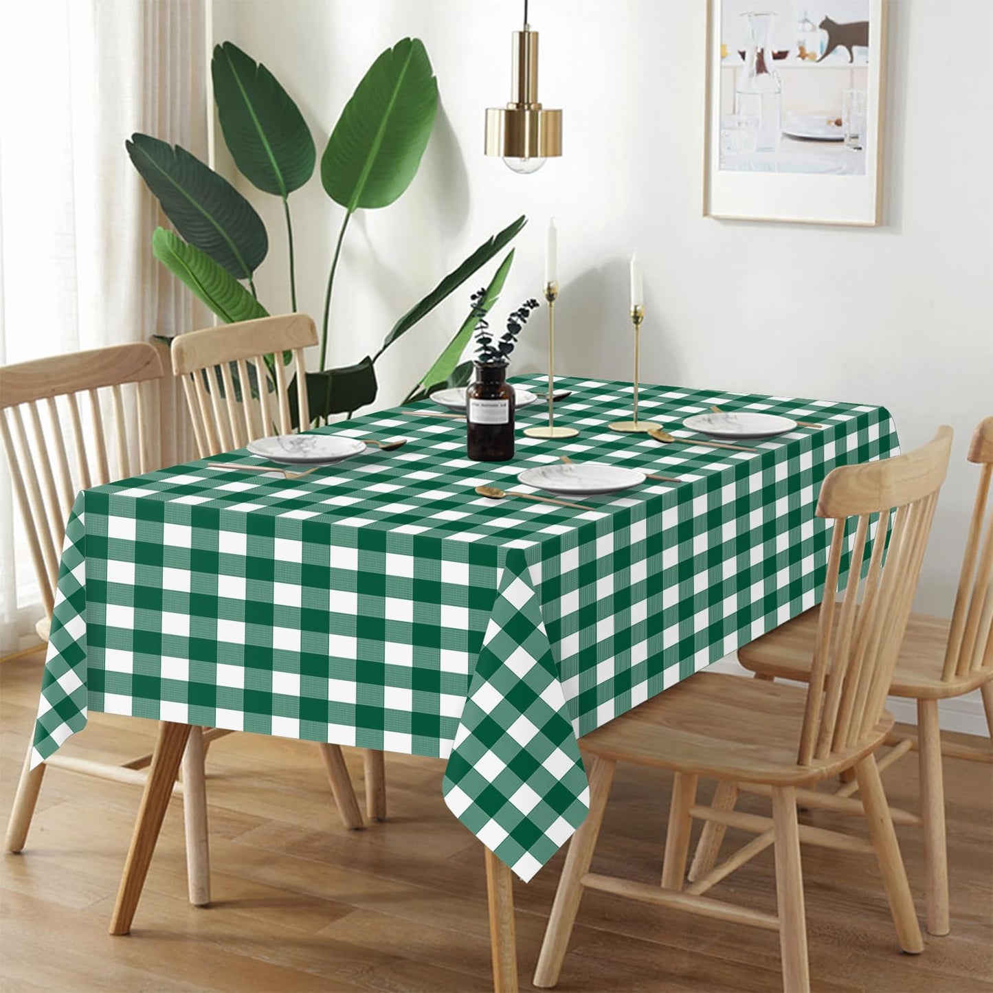 QIKSION Green Gingham Tablecloth Disposable 12 Pack, 54 x 108 Inch Green and White Checkered Table Cloth for Camping, Birthday, Masters Golf Party Supplies, Rectangle, Plastic Table Cover