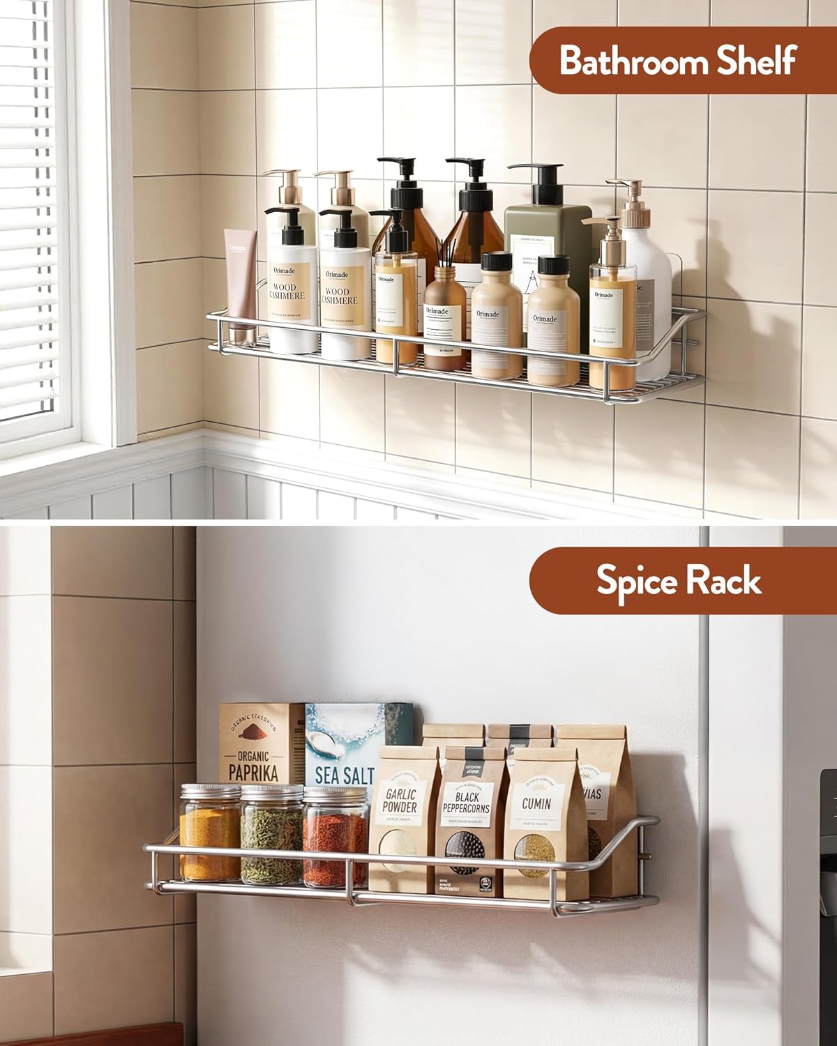 Orimade Bathroom Shelf Organizer - No-Drill Shower Caddy with Traceless Adhesive | 15.75 Inch Silver SUS304 Stainless Steel