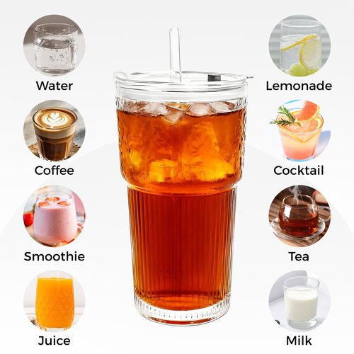GGOLDMER 4 Pack Glass Tumblers with Lids and Straws, 20oz Iced Coffee Cups with Lids Reusable for Juices, Smoothies, Cocktail, Beer, Tea and Latte - Ribbed Design & Thick Glass