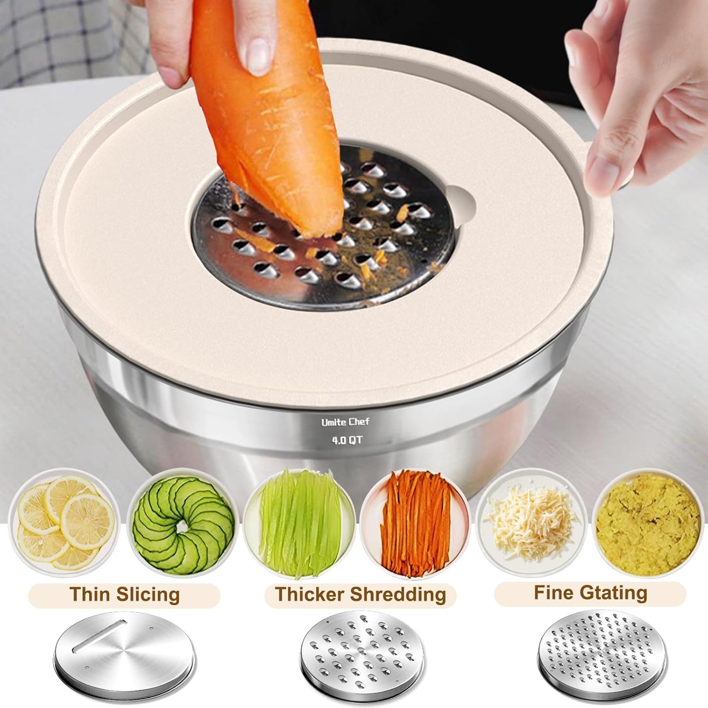 Umite Chef Mixing Bowls Set - 8PCS Stainless Steel Nesting Bowls with Airtight Lids & Grater | Non-Slip Bottoms, Khaki, 1.5QT to 5QT
