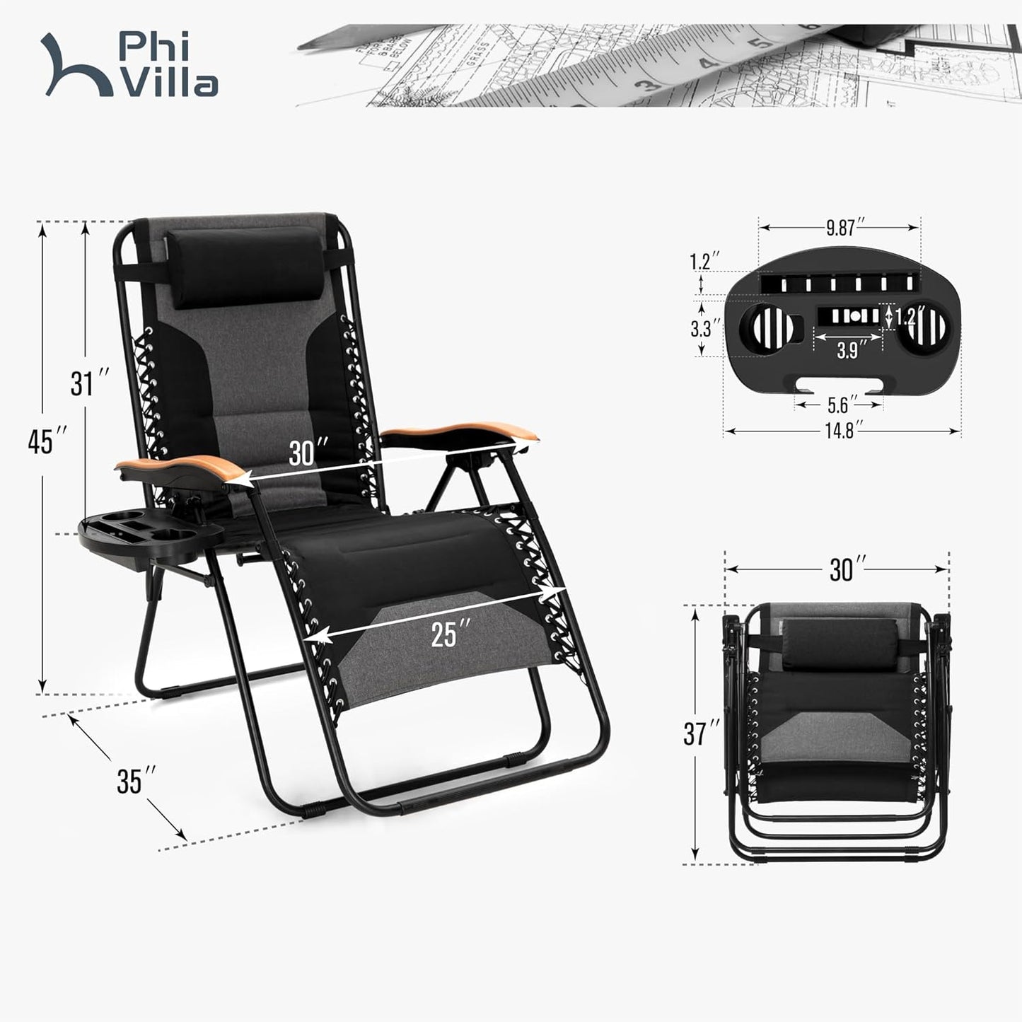 PHI VILLA XXL Oversized Padded Zero Gravity Chair - Foldable Patio Recliner with Cup Holder | Supports 400 LBS (Black)