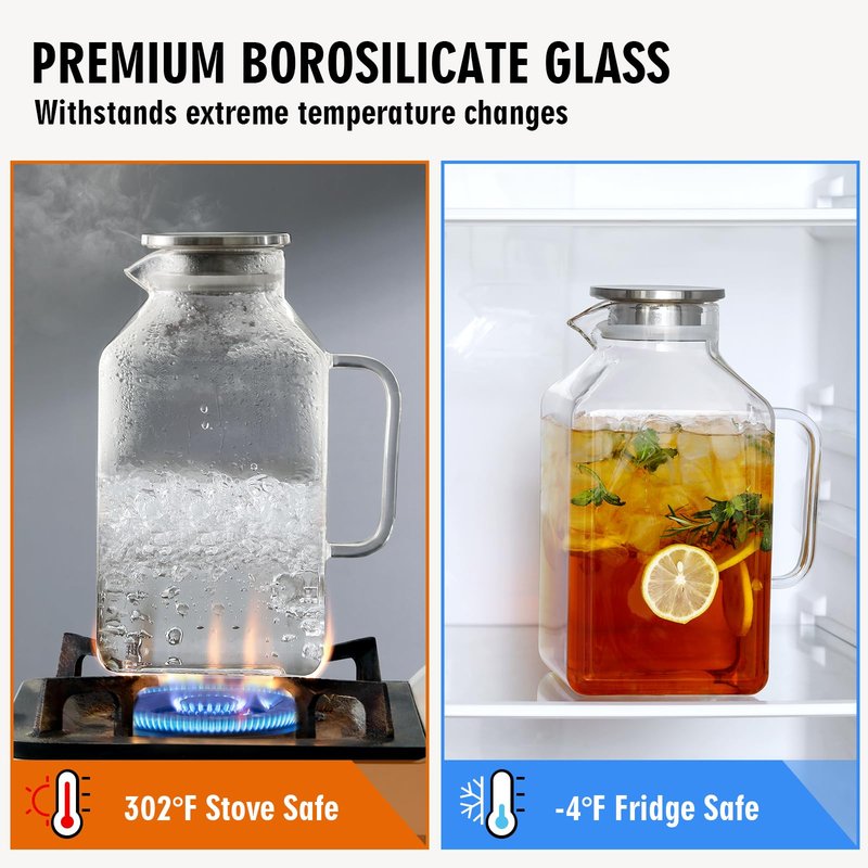 1 Gallon Square Glass Pitcher with Lid and Spout, Borosilicate Glass Carafe for Hot/Cold Drink, Water Pitchers with Handle for Fridge, Extra Large Jug for Iced Tea, Coffee, Juice, Beverage