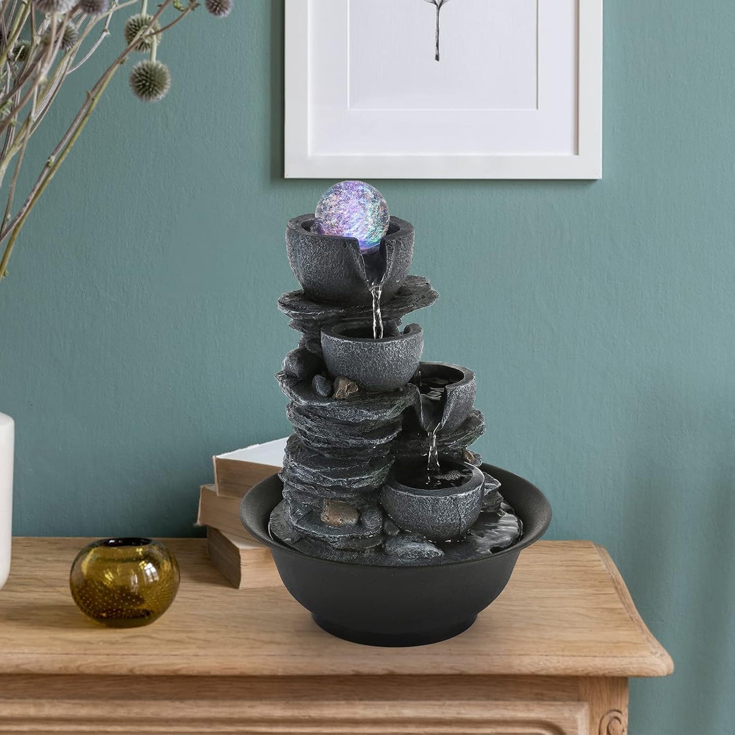 Dyna-Living Water Fountains Indoor Tabletop Fountain with Pump Waterfall Fountain Indoor Coloured LED Lights Desk Water Fountains for Home Office Decor Style 1