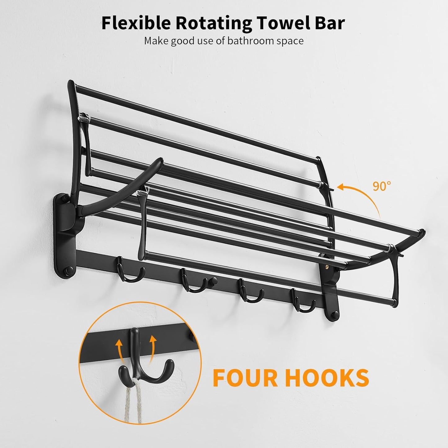BESy 24 Inch Brushed Nickel Towel Racks, Bathroom Towel Shelf with Foldable Towel Bar Holder and Towel Hooks, Wall Mounted Multifunctional Bathroom Accessories, Double Towel Bars