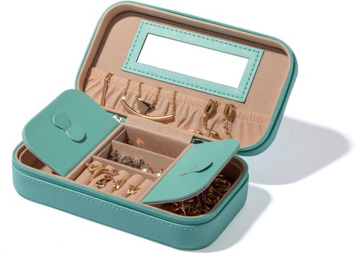 BINO Jewelry Case - Stylish Portable Organizer with Mirror | Compact Travel Box for Earrings, Rings, Necklaces (Aqua)
