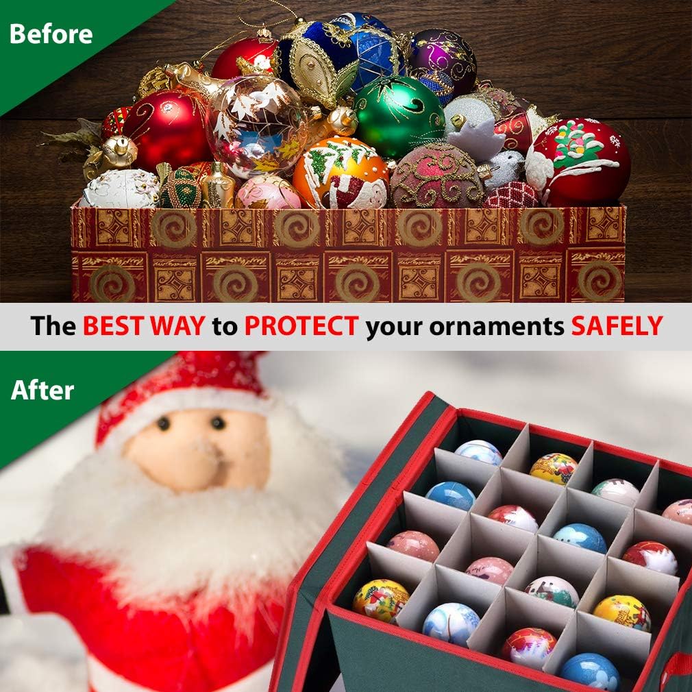 Christmas Ornament Storage Box - Holds 64 Ornaments, 4 Trays & Dividers, Durable 600D Oxford - Holiday Decoration Organizer (Green)