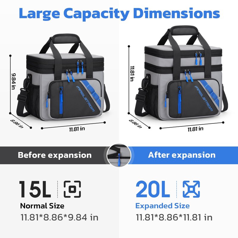 Maelstrom Lunch Box, 20L Insulated Lunch Bag for Men Women, Expandable Double Deck Leakproof Cooler Bag with 6 Pockets, Reusable Lunch Tote Bag for Work, Picnic, Travel, Grey