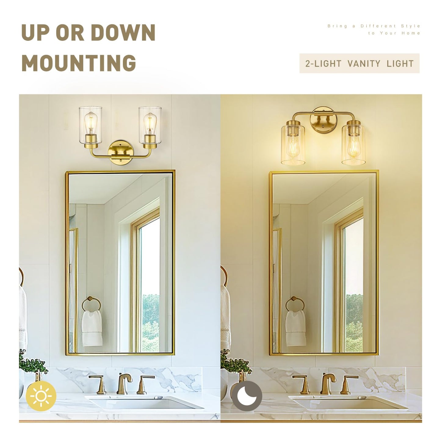 zeyu 14.4 Inch Vanity Light Fixture, Vintage Bathroom Lamp, Gold Bathroom Light Fixtures with Clear Glass Shade, Brushed Gold Finish, ZS62B-2W BG