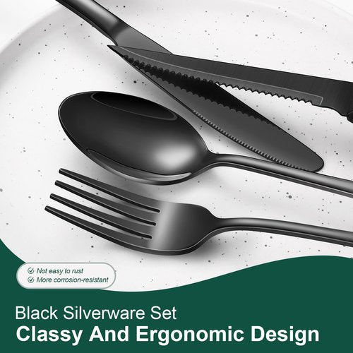 24-Piece Black Silverware Set with Steak Knives Black Stainless Steel Flatware Set for 4 Food Grade Tableware Cutlery Set Rust-proof, Mirror Polished, Dishwasher Safe