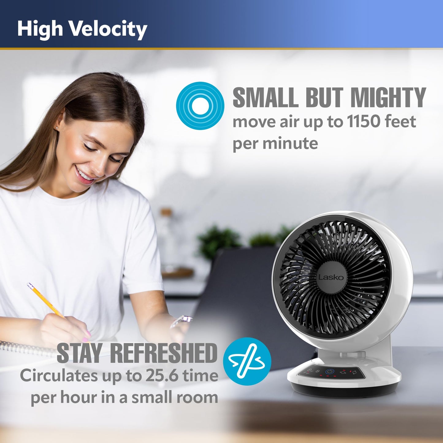 Lasko Whirlwind Orbital Motion Air Circulator Table Fan, 3 Speeds, Timer, Dark Mode, Remote Control for Small and Medium Sized Rooms, White, A12557