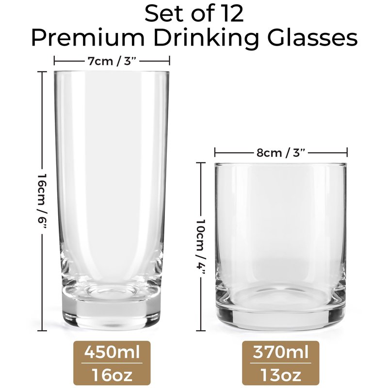 MIAMIO - Drinking Glasses Set of 12/6 x Small 13 oz and 6x Big 15.8 oz Glass Cups for Water, Cocktails, Tea and Beer - Dishwasher Safe