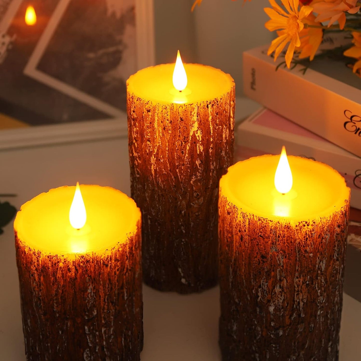 Flameless LED Drip-Less Wax Pillar Candles Set of 3 - Realistic Flickering Motion, Burgundy with Remote & 24-Hour Timer