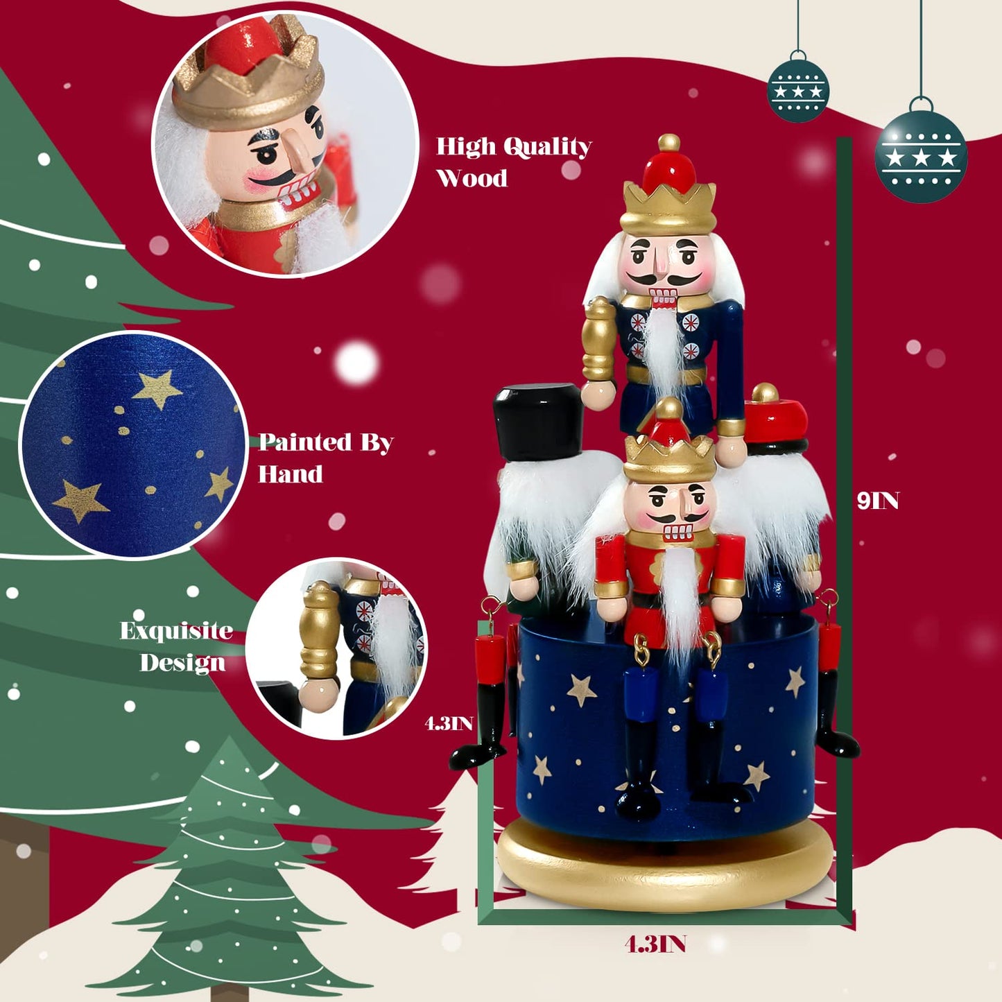 Wagevedex Nutcracker Christmas Decorations of Music Box - Wooden Nutcracker Figures Christmas Ornaments Gifts for Indoor Outdoor Holiday Home Table Party Xmas Decor (Blue)