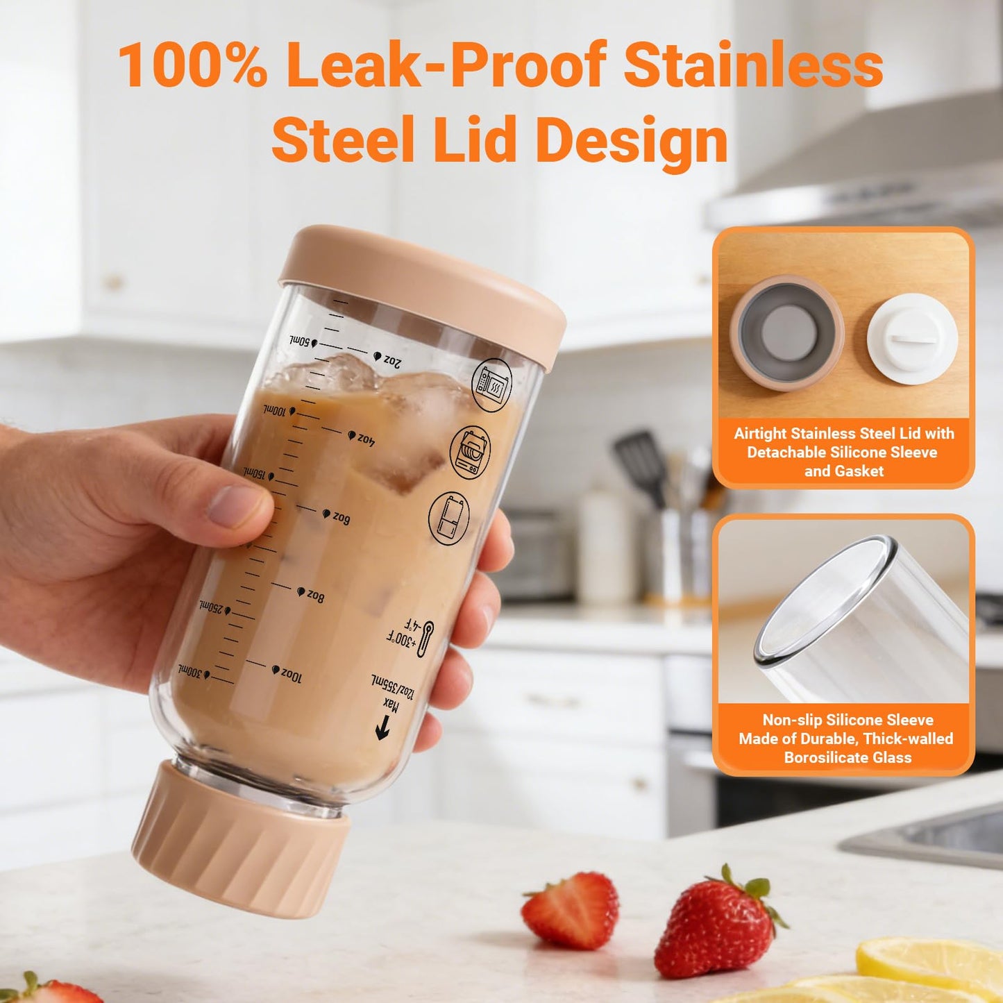 Luxfuel Glass Juice Bottles with Lids 12oz, 6 Pack – Borosilicate Glass Bottles for Juicing, Smoothies, Water & Beverage Storage, Stainless Steel Lids, Reusable, Leakproof, Heat-Resistant, BPA-Free