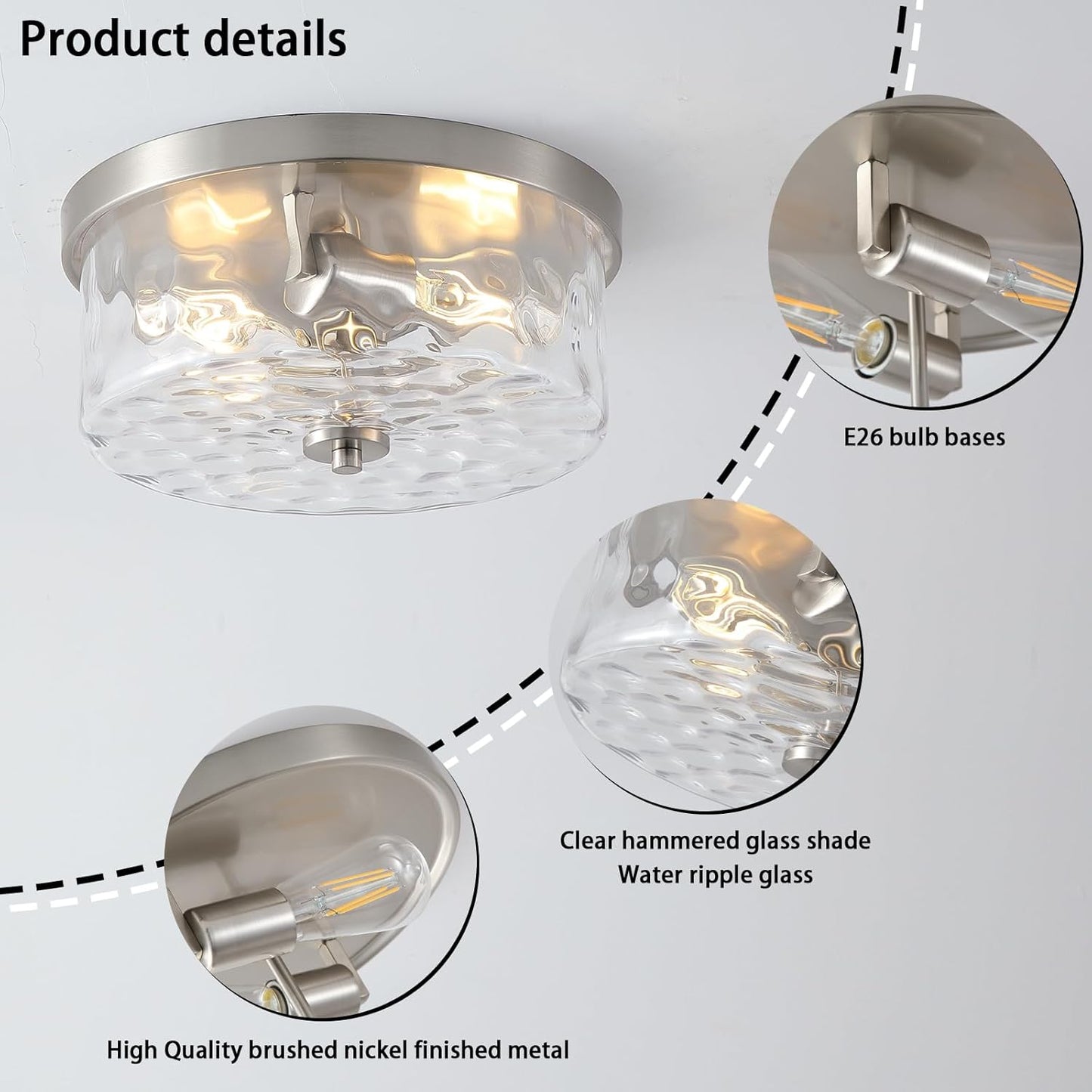 Hammered Glass Brushed Nickel Flush Mount Ceiling Light,2-Lights Modern Farmhouse Ceiling Lighting Fixture for Kitchen Hallway Bedroom,Indoor Antique Foyer Light