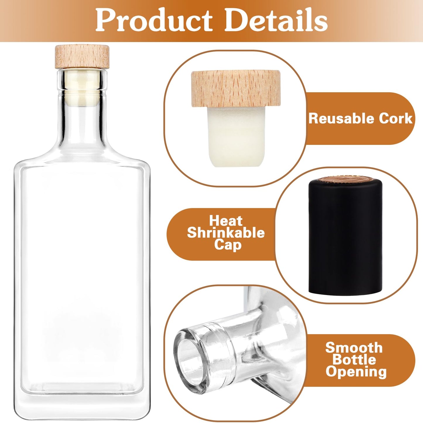 Liengoron 3Pack 16 oz Glass Bottles with Lid 500 ml Clear Empty Glass Bottles with Cork Square Glass Bottles with Heavy Base Glass Bottles with Cap for Liquor Vodka Brandy Whiskey Beer Water Soda