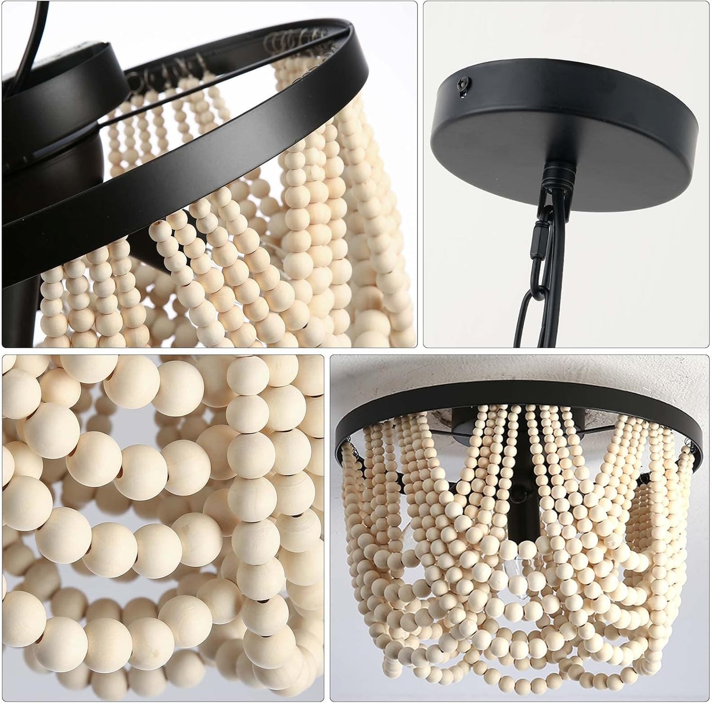 Farmhouse Boho Flush Mount Ceiling Light,3-Light Wood Bead Chandeliers,Black Metal Bohemia Hanging Pendant Lighting,Small Chandelier for Bedroom,Living Room,Entryway,Hallway