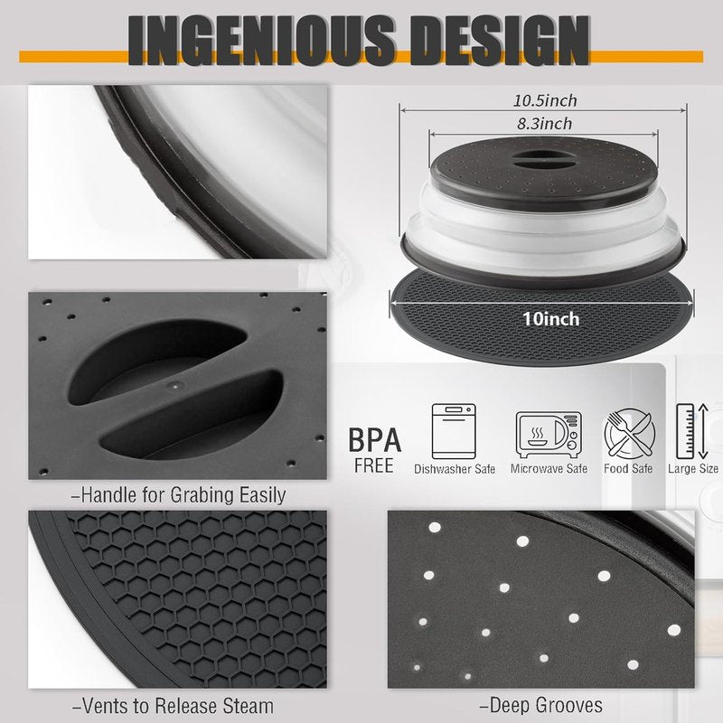 MAGJIUKE Microwave Splatter Cover & Silicone Mat – Collapsible, Vented, Reusable Food Guard and Plate Cover with Heat-Resistant Trivet for Pots, Pans, and Kitchen Counter, Black