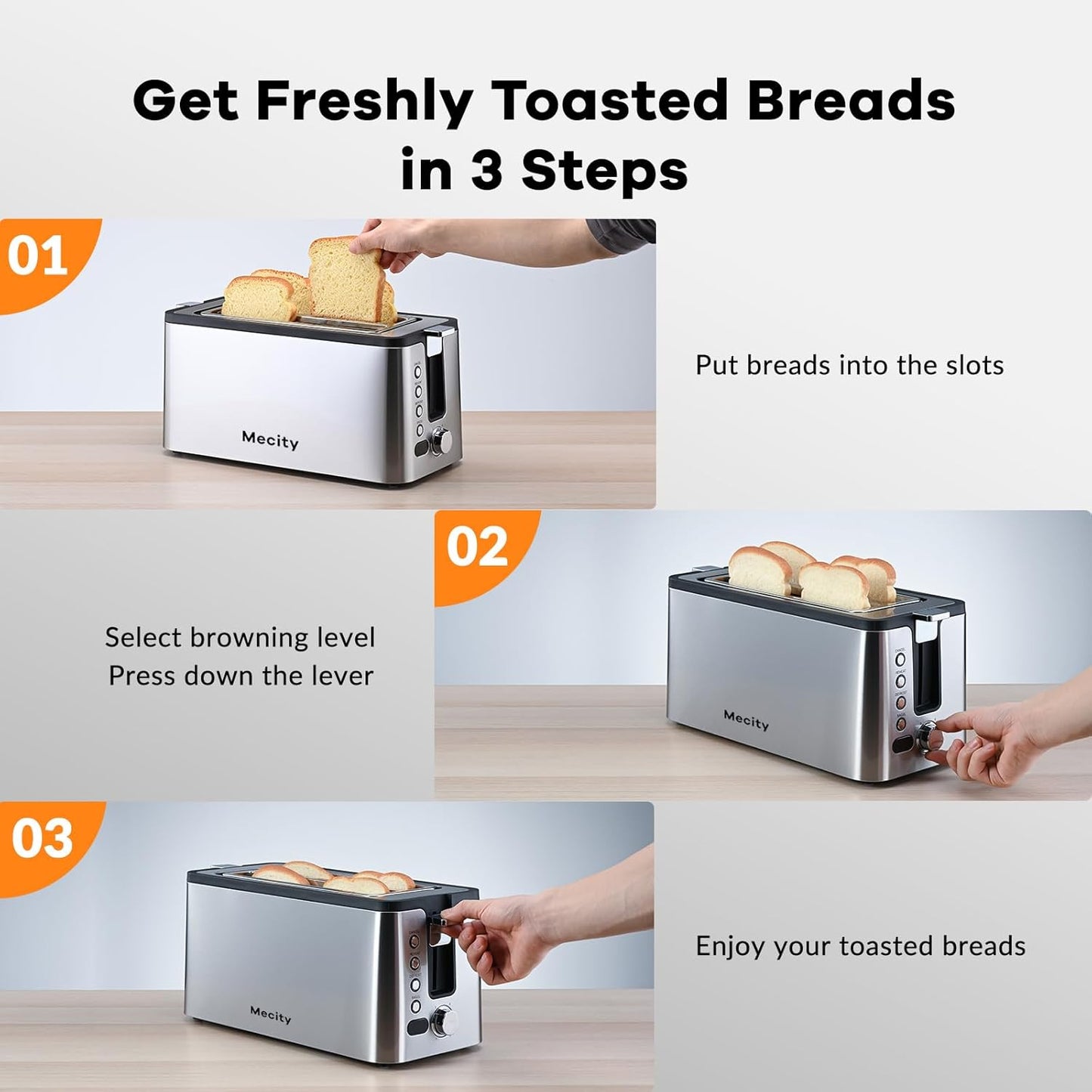 Mecity 4-Slice Toaster - Long Slot Design with Countdown Timer & 6 Browning Settings | Stainless Steel